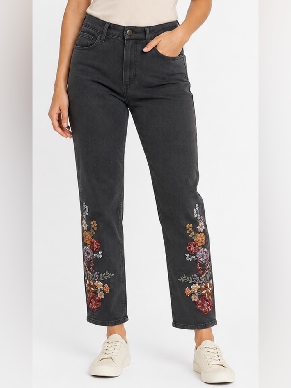 Driftwood Size 28 Floral Embroidered Charcoal Black Jeans Boho